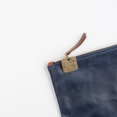 Fritz & Fräulein Medium Navy Soft Pebble Leather Clutch with Vintage Tag
